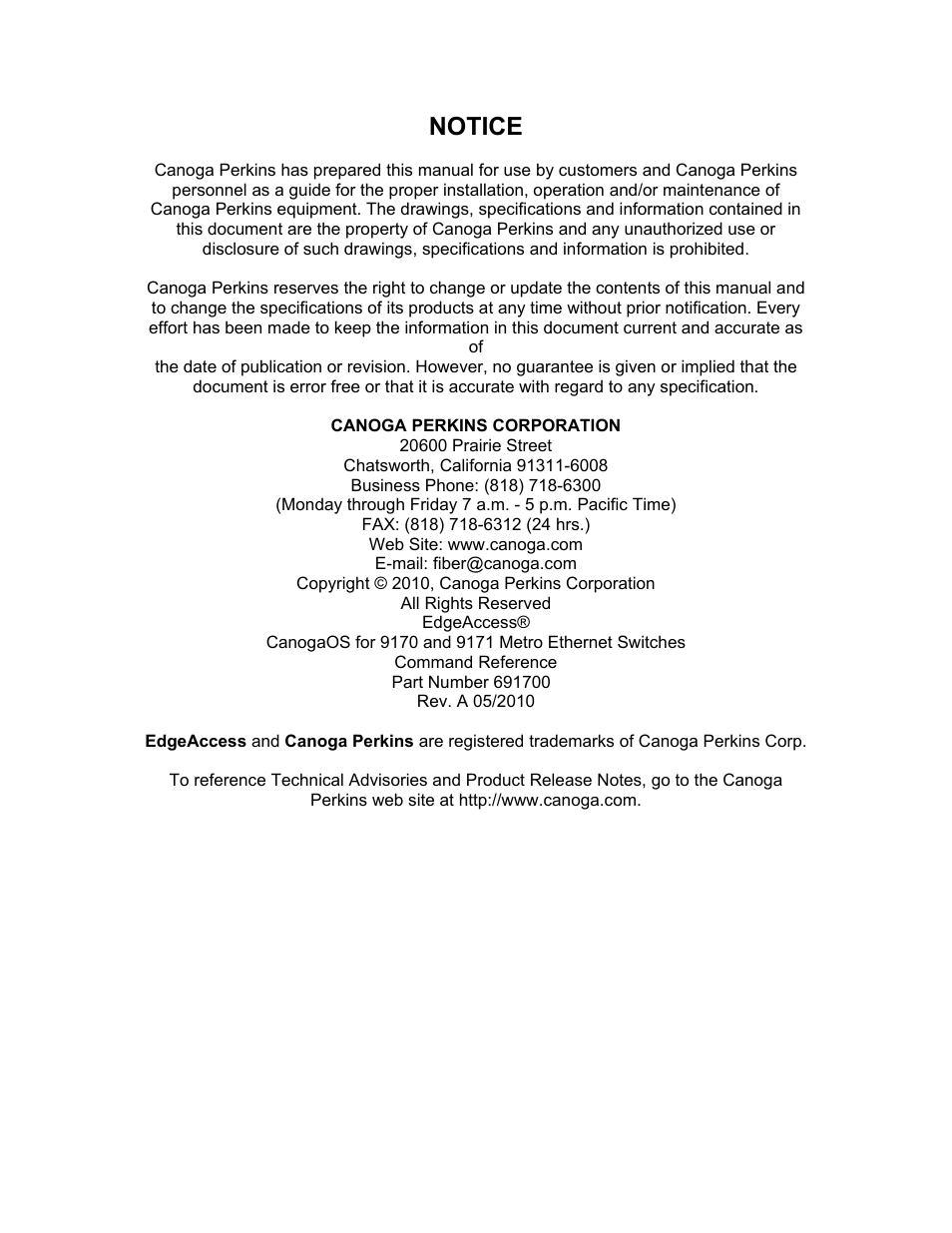 Notice | CANOGA PERKINS 9171 Command Reference User Manual | Page 3 / 782