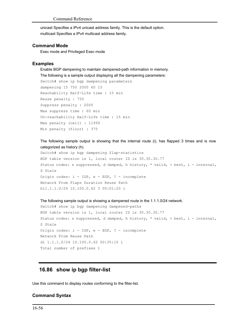 86 show ip bgp filter-list | CANOGA PERKINS 9171 Command Reference User Manual | Page 301 / 782