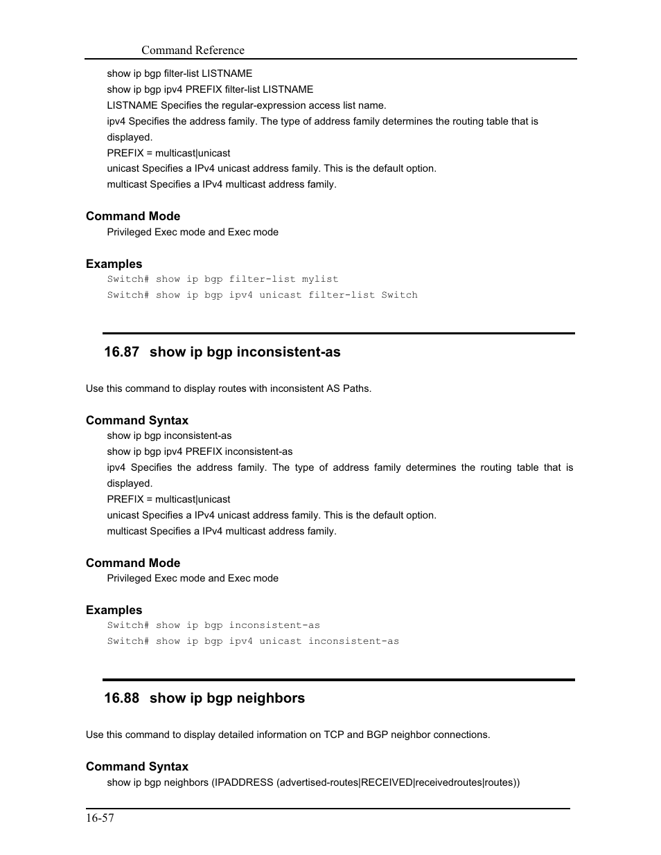 87 show ip bgp inconsistent-as, 88 show ip bgp neighbors | CANOGA PERKINS 9171 Command Reference User Manual | Page 302 / 782