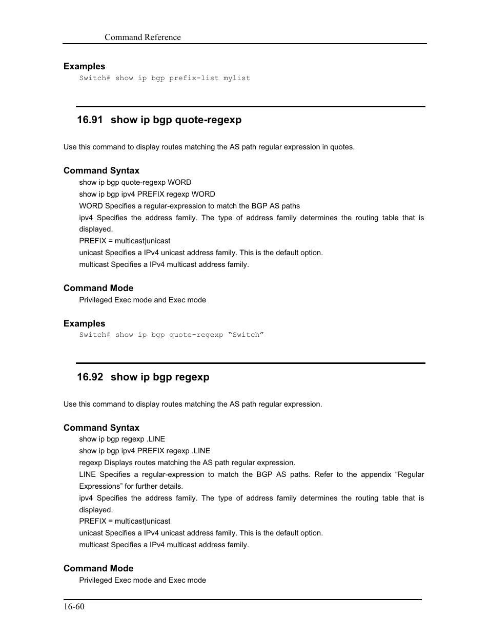 91 show ip bgp quote-regexp, 92 show ip bgp regexp | CANOGA PERKINS 9171 Command Reference User Manual | Page 305 / 782