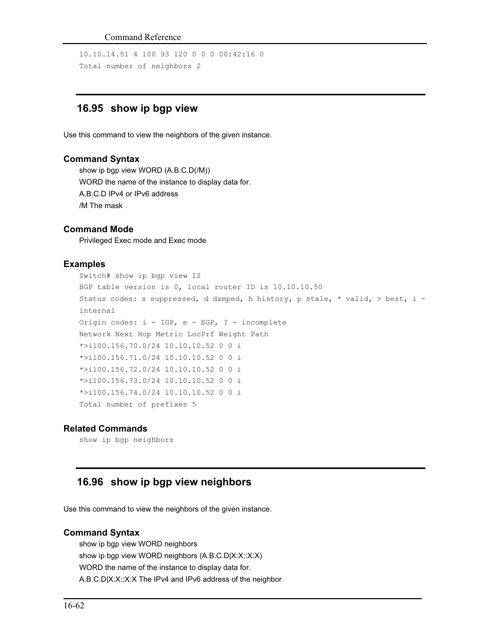 95 show ip bgp view, 96 show ip bgp view neighbors | CANOGA PERKINS 9171 Command Reference User Manual | Page 307 / 782