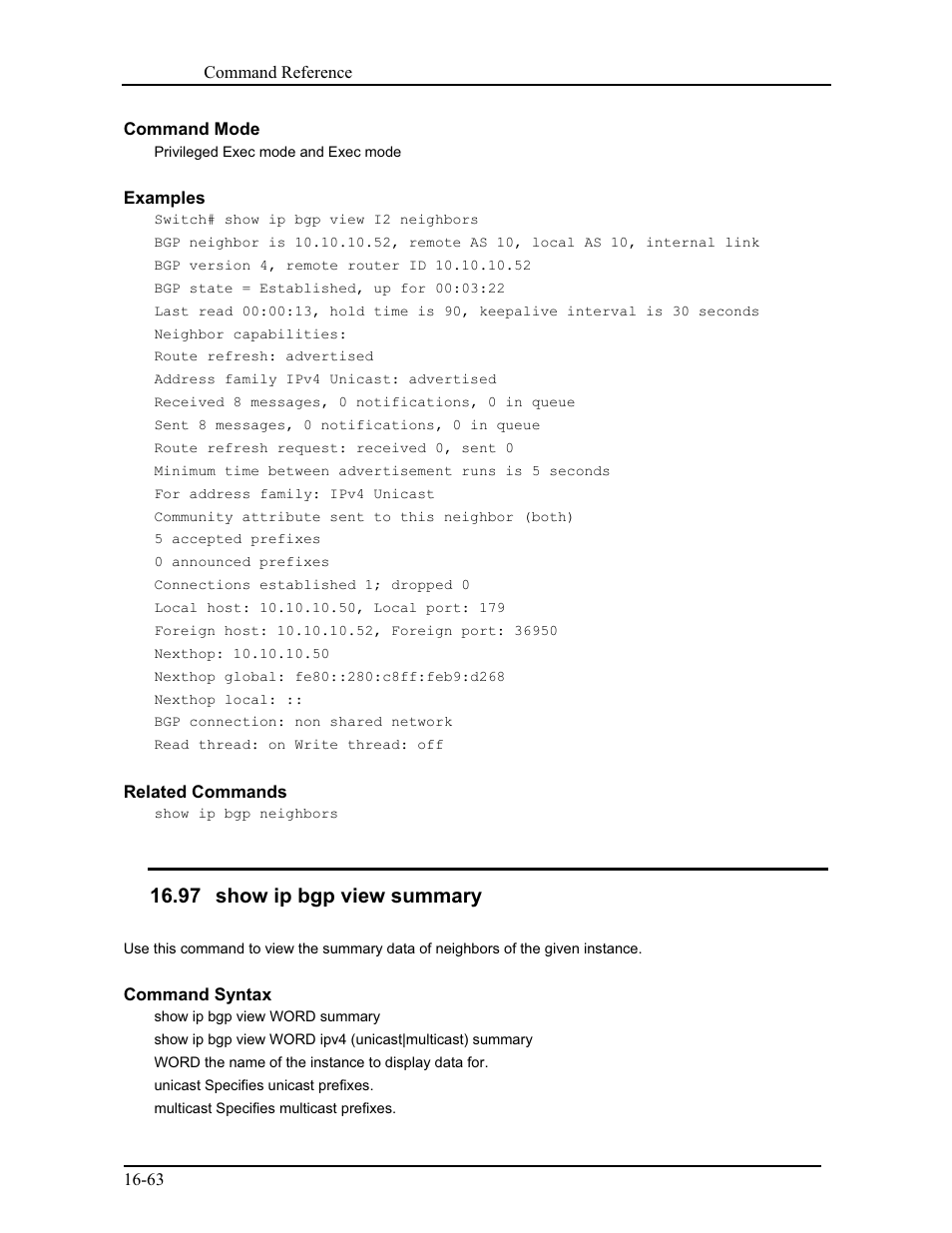 97 show ip bgp view summary | CANOGA PERKINS 9171 Command Reference User Manual | Page 308 / 782