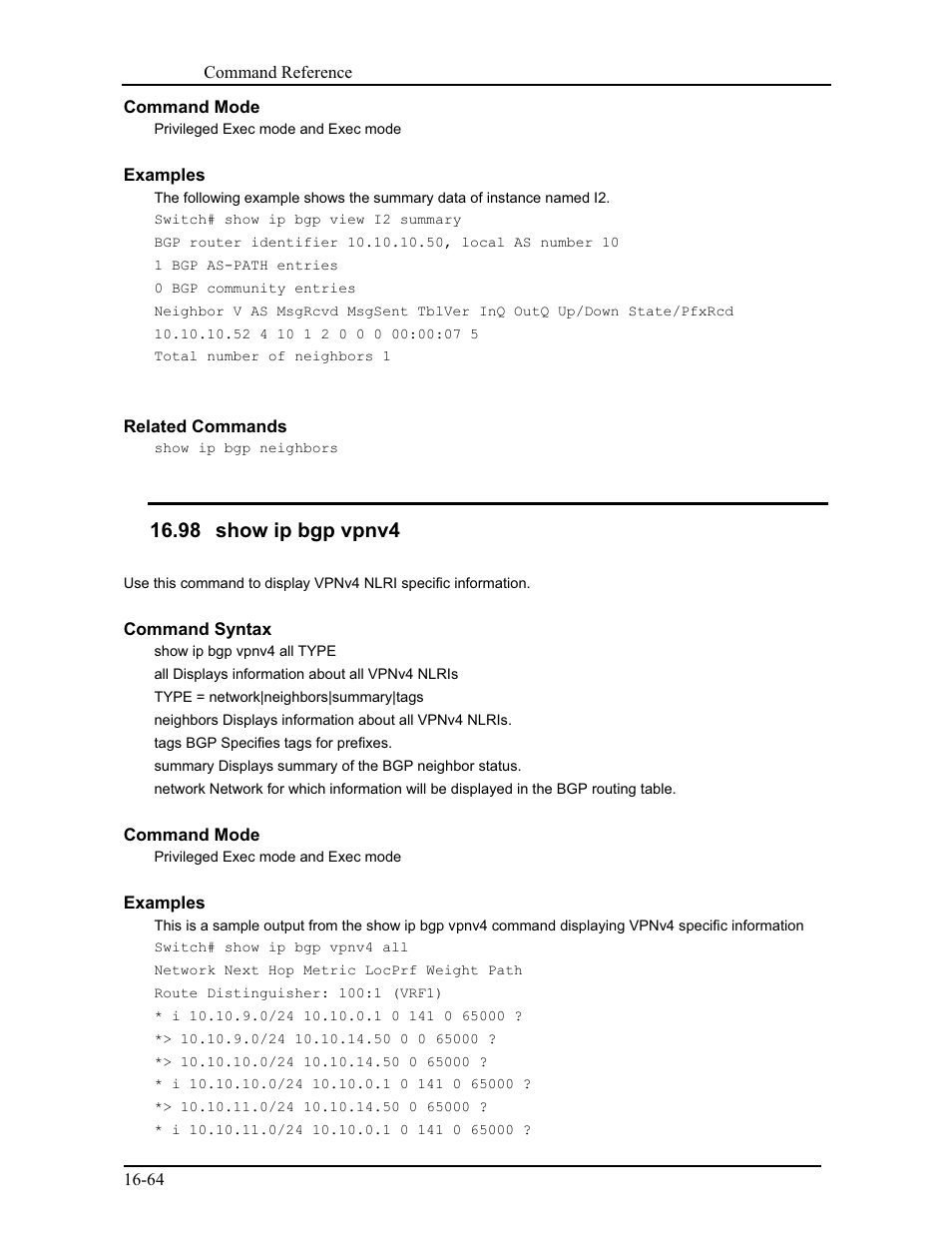 98 show ip bgp vpnv4 | CANOGA PERKINS 9171 Command Reference User Manual | Page 309 / 782