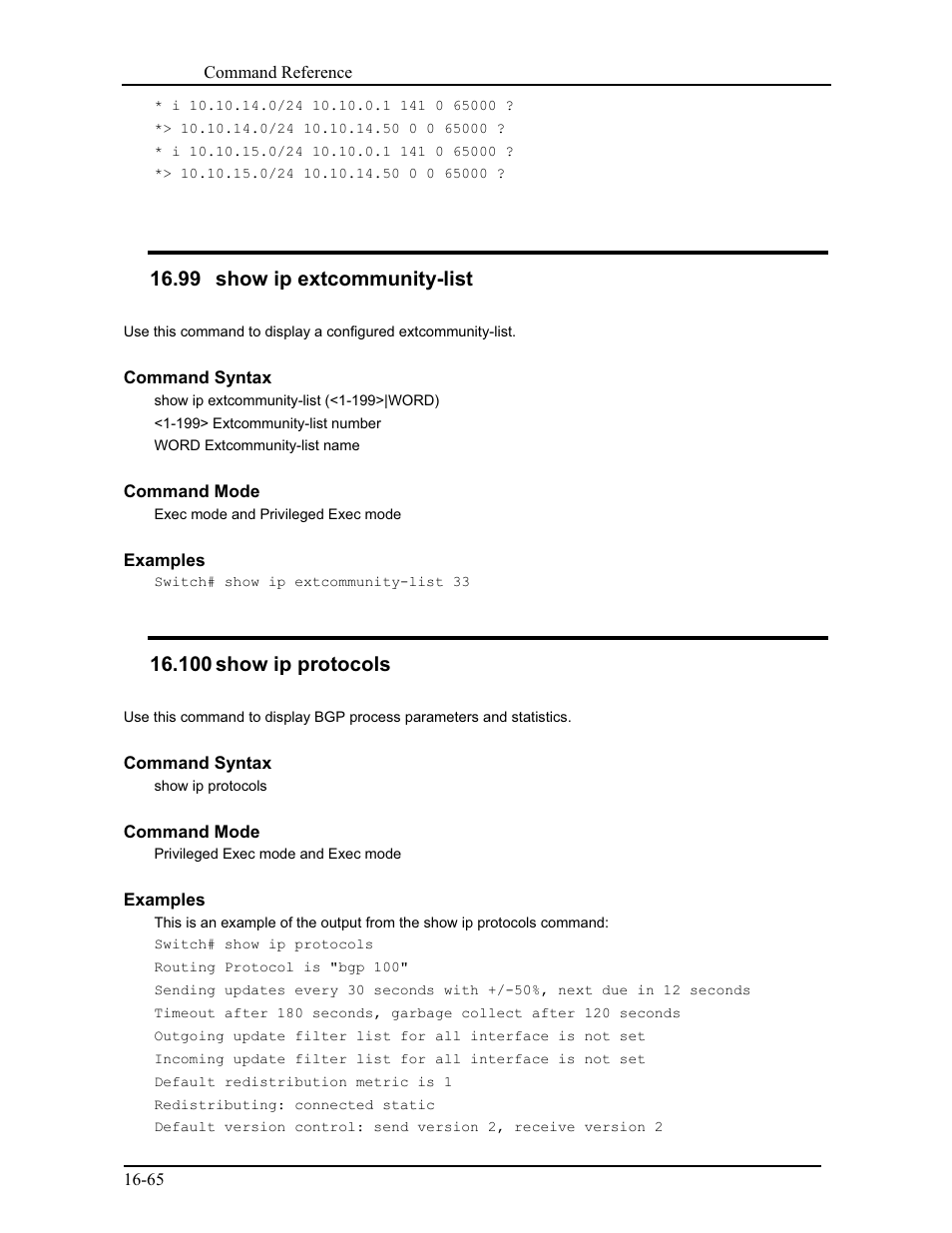 99 show ip extcommunity-list, 100 show ip protocols | CANOGA PERKINS 9171 Command Reference User Manual | Page 310 / 782