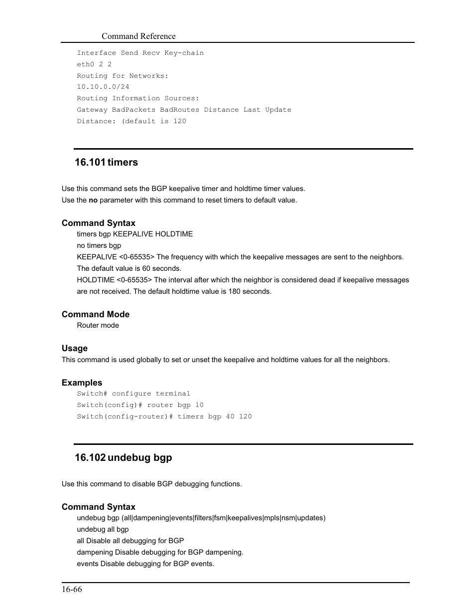 101 timers, 102 undebug bgp | CANOGA PERKINS 9171 Command Reference User Manual | Page 311 / 782