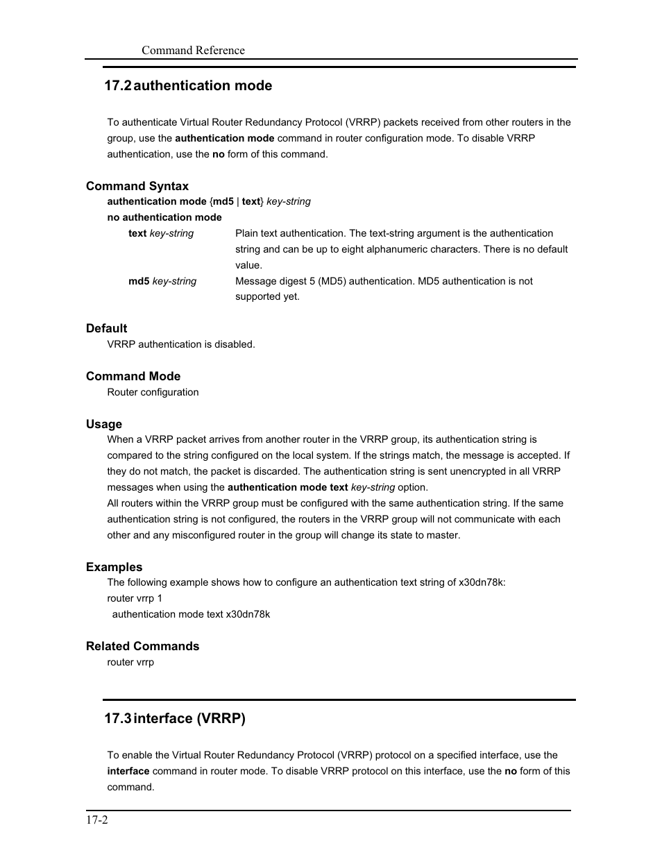 2 authentication mode, 3 interface (vrrp) | CANOGA PERKINS 9171 Command Reference User Manual | Page 314 / 782