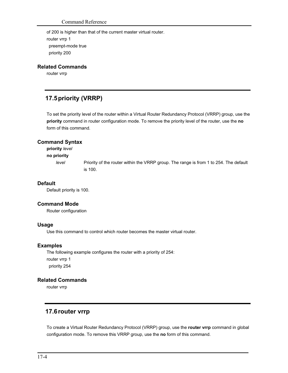 5 priority (vrrp), 6 router vrrp | CANOGA PERKINS 9171 Command Reference User Manual | Page 316 / 782