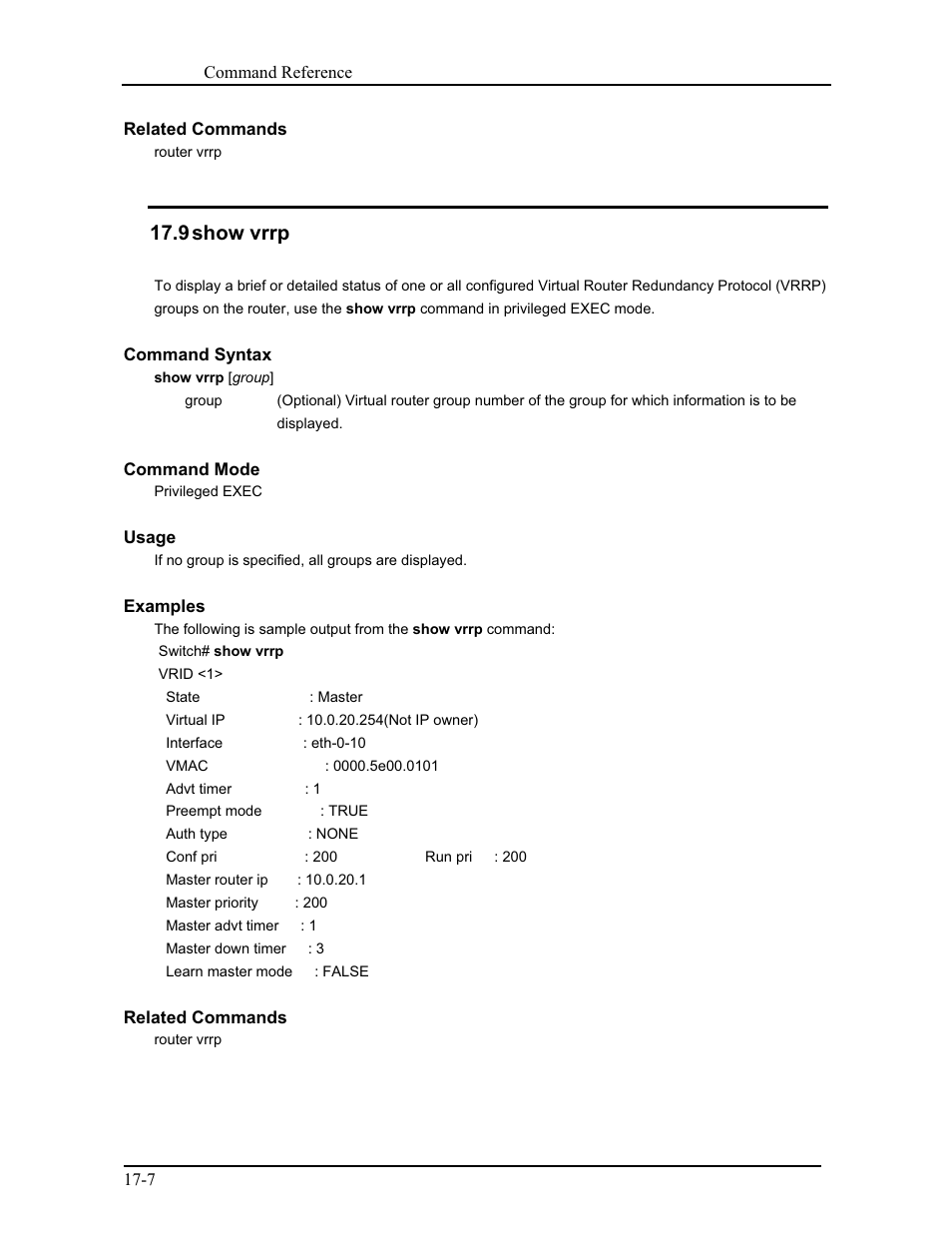 9 show vrrp | CANOGA PERKINS 9171 Command Reference User Manual | Page 319 / 782