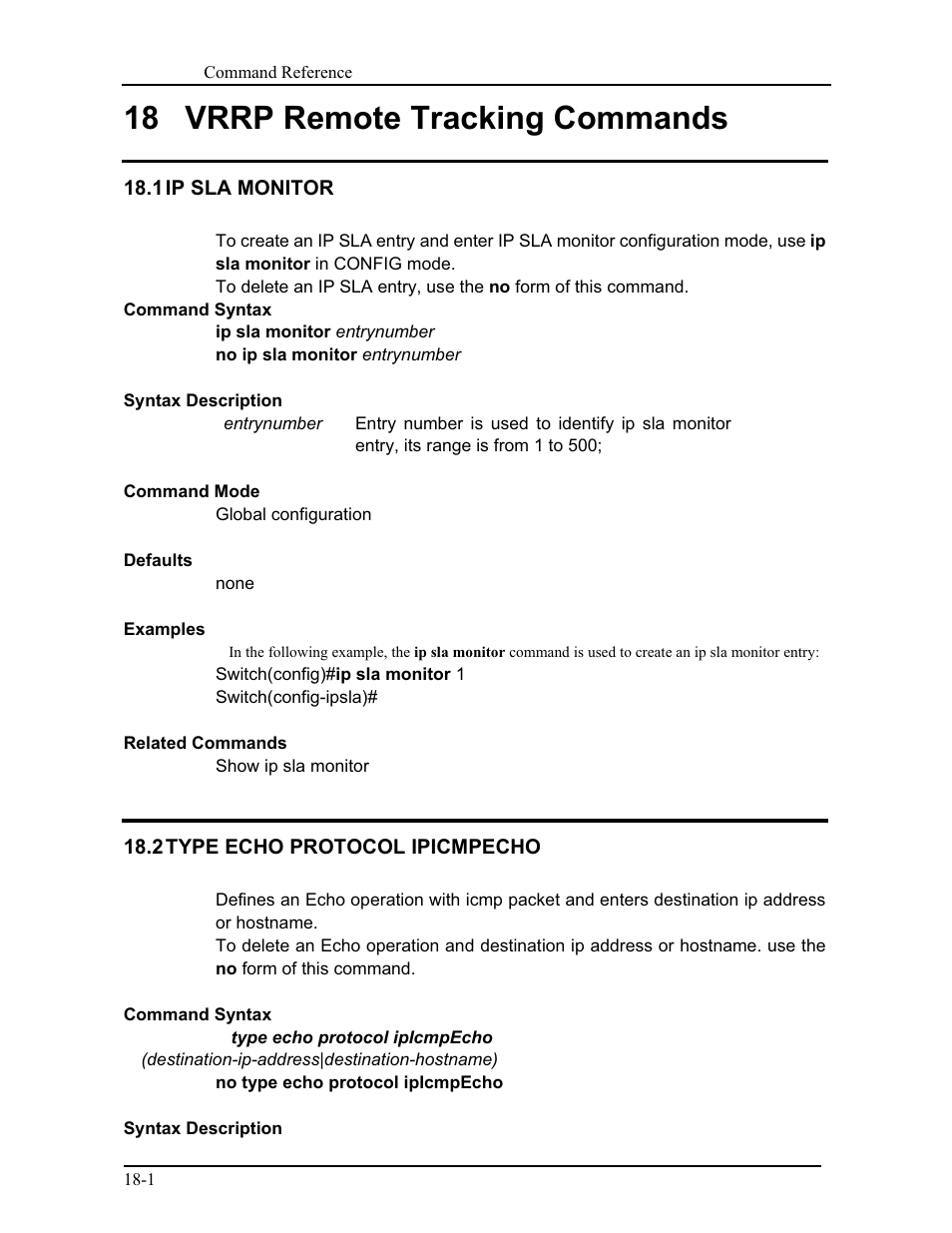 18 vrrp remote tracking commands, 1 ip sla monitor, 2 type echo protocol ipicmpecho | CANOGA PERKINS 9171 Command Reference User Manual | Page 320 / 782