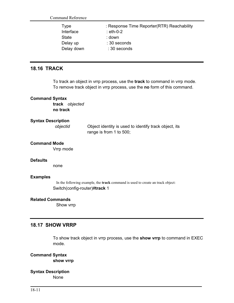 16 track, 17 show vrrp | CANOGA PERKINS 9171 Command Reference User Manual | Page 330 / 782