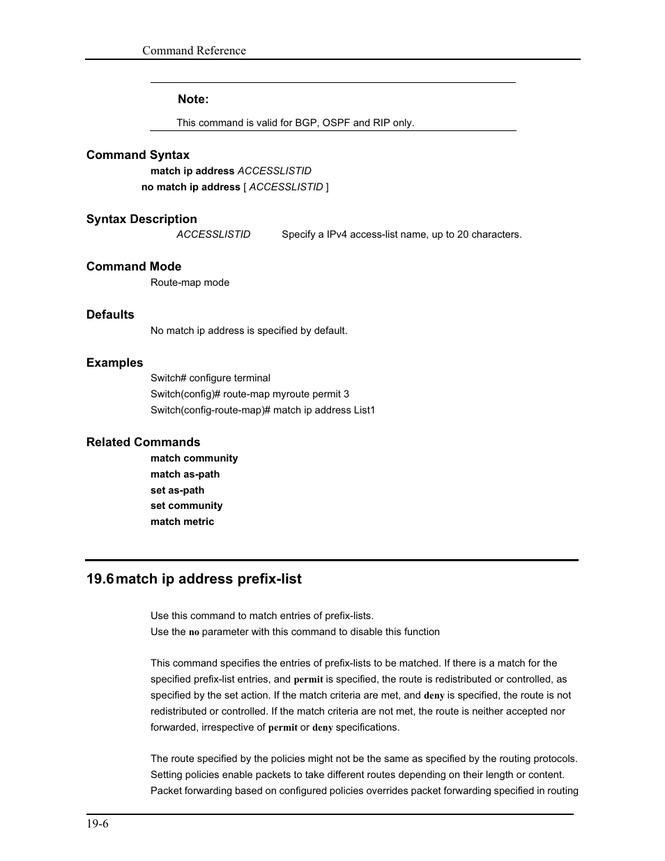 6 match ip address prefix-list | CANOGA PERKINS 9171 Command Reference User Manual | Page 337 / 782