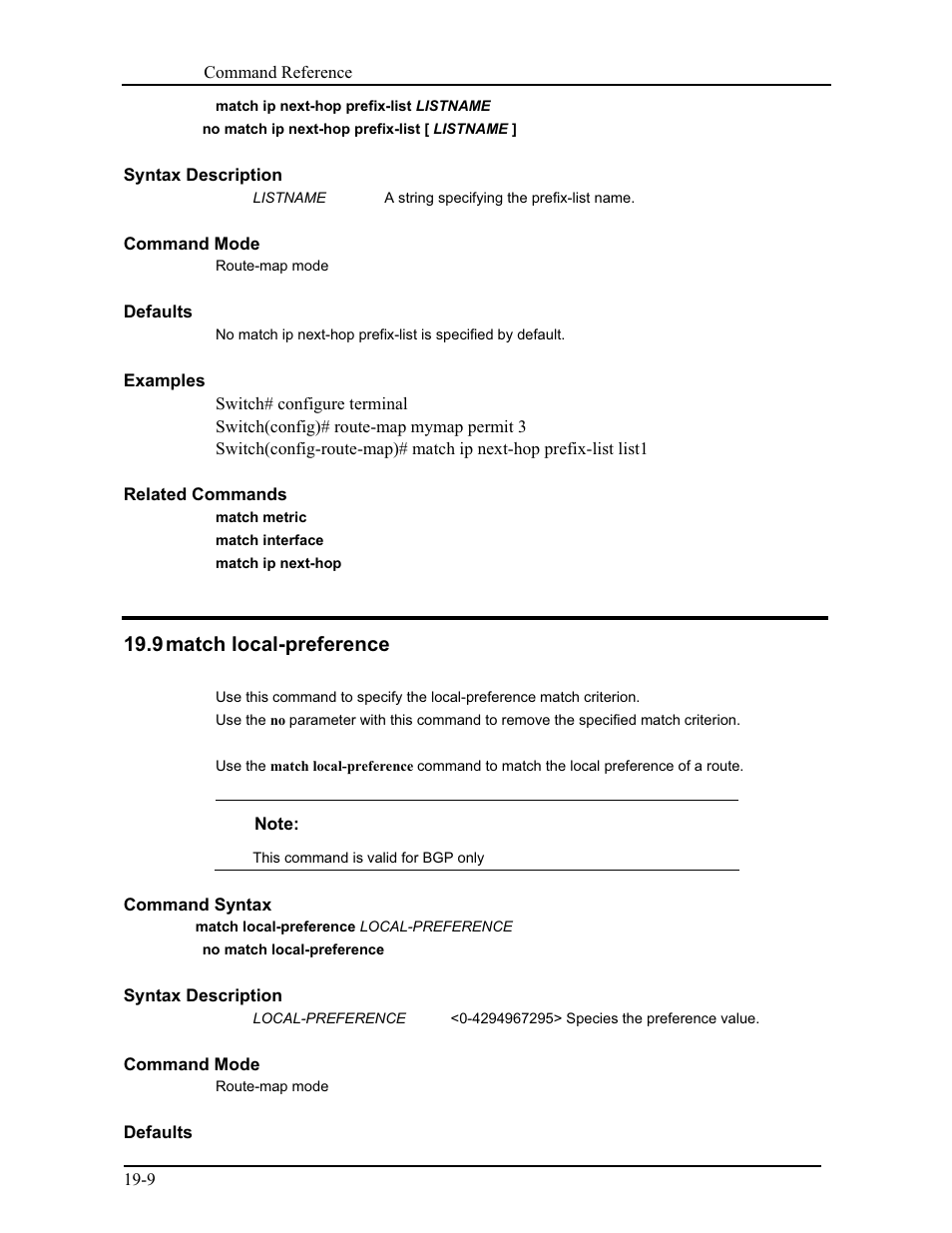 9 match local-preference | CANOGA PERKINS 9171 Command Reference User Manual | Page 340 / 782
