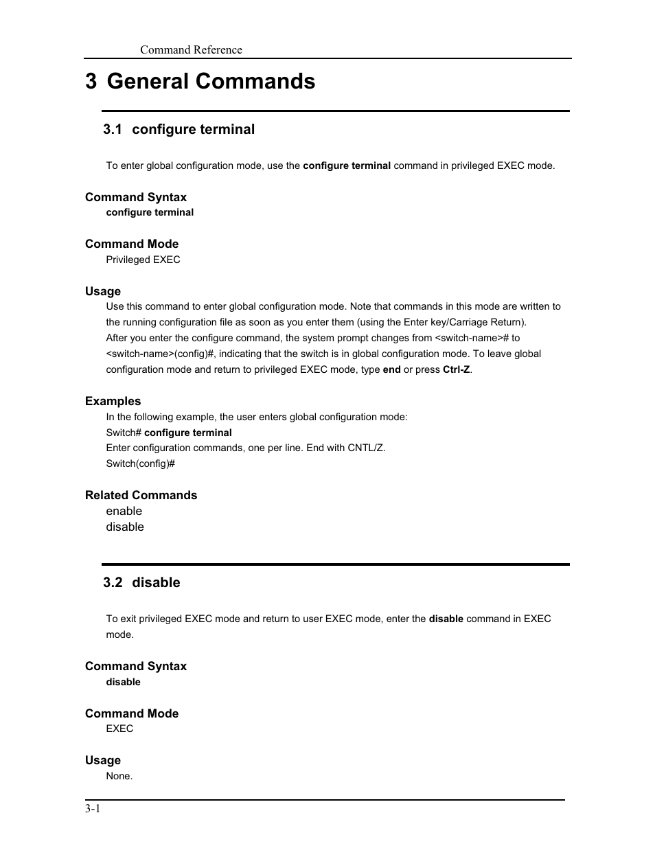 3 general commands, 1 configure terminal, 2 disable | CANOGA PERKINS 9171 Command Reference User Manual | Page 35 / 782