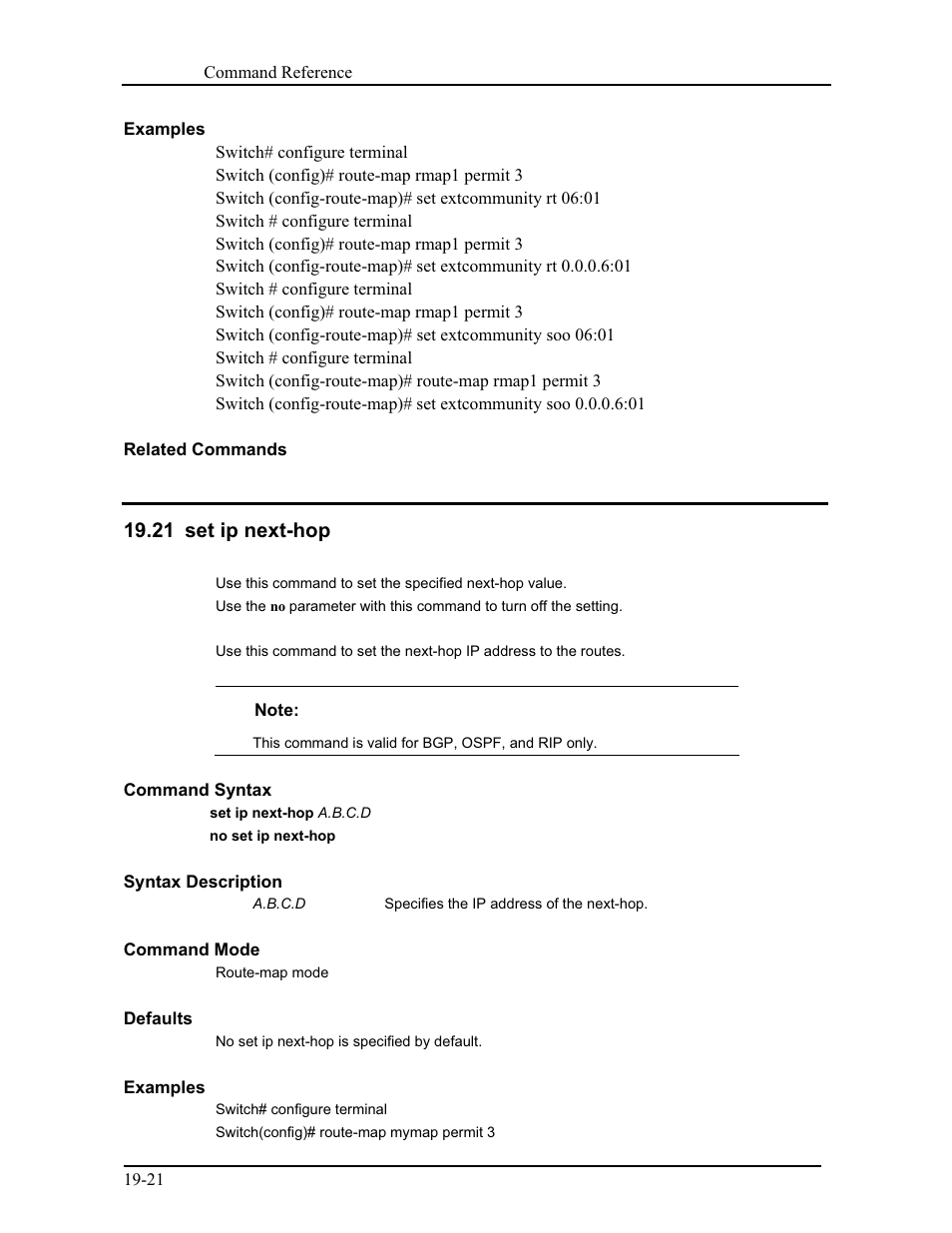 21 set ip next-hop | CANOGA PERKINS 9171 Command Reference User Manual | Page 352 / 782