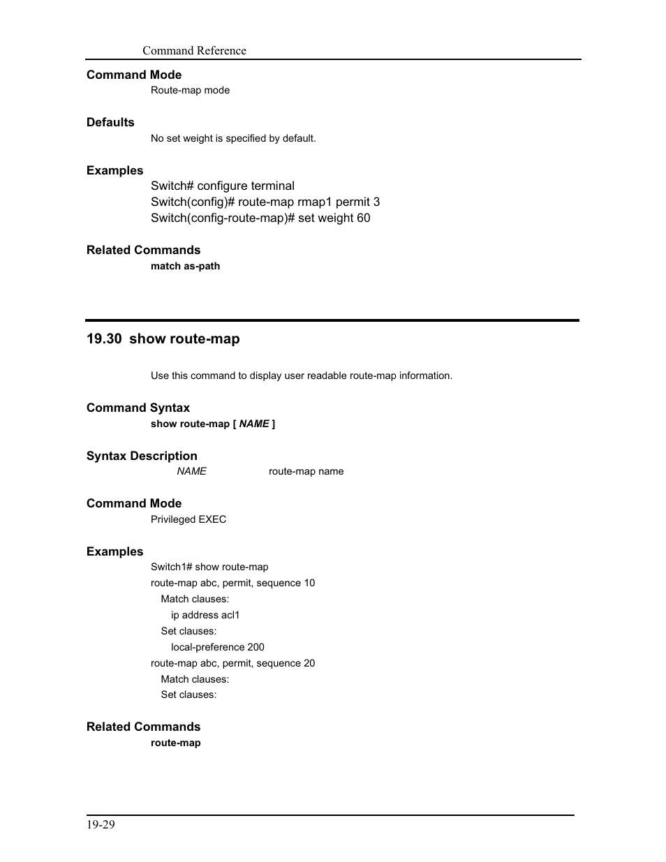 30 show route-map | CANOGA PERKINS 9171 Command Reference User Manual | Page 360 / 782