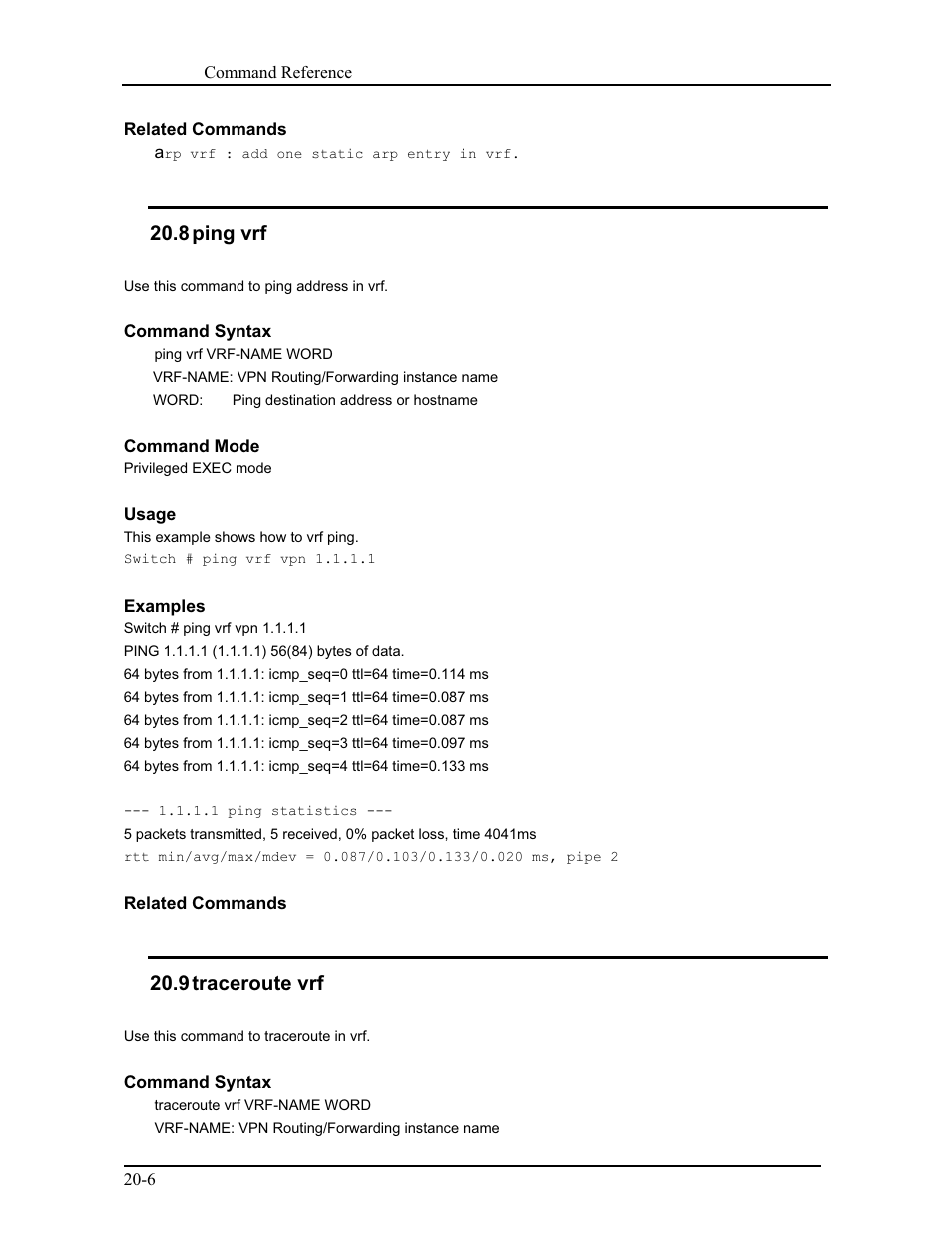 8 ping vrf, 9 traceroute vrf | CANOGA PERKINS 9171 Command Reference User Manual | Page 366 / 782