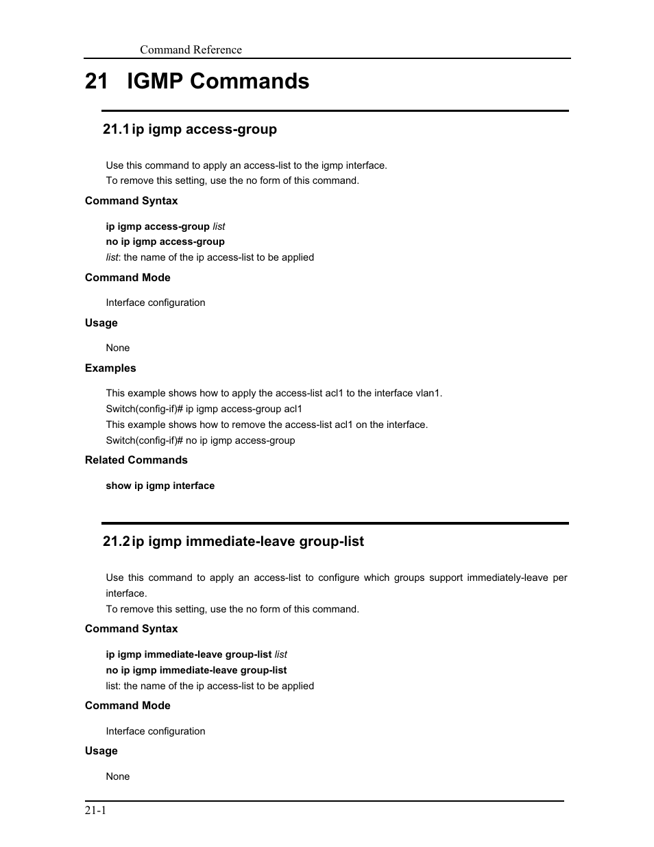 21 igmp commands, 1 ip igmp access-group, 2 ip igmp immediate-leave group-list | CANOGA PERKINS 9171 Command Reference User Manual | Page 368 / 782