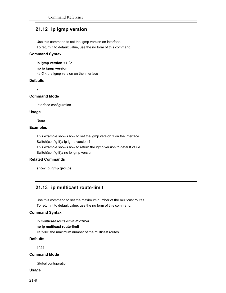 12 ip igmp version, 13 ip multicast route-limit | CANOGA PERKINS 9171 Command Reference User Manual | Page 375 / 782