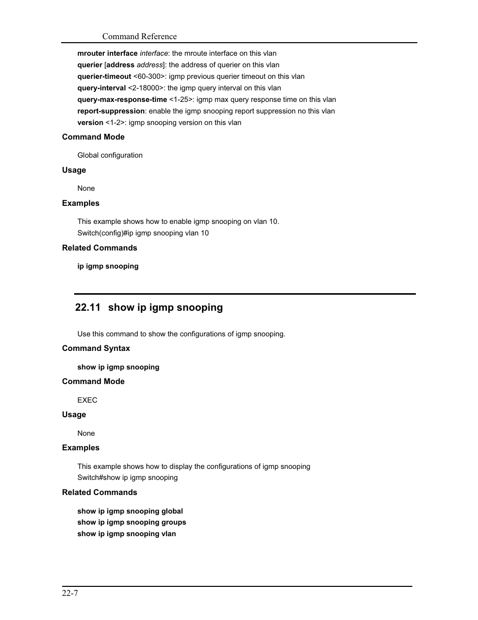 11 show ip igmp snooping | CANOGA PERKINS 9171 Command Reference User Manual | Page 387 / 782