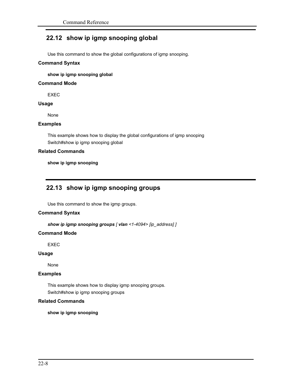 12 show ip igmp snooping global, 13 show ip igmp snooping groups | CANOGA PERKINS 9171 Command Reference User Manual | Page 388 / 782