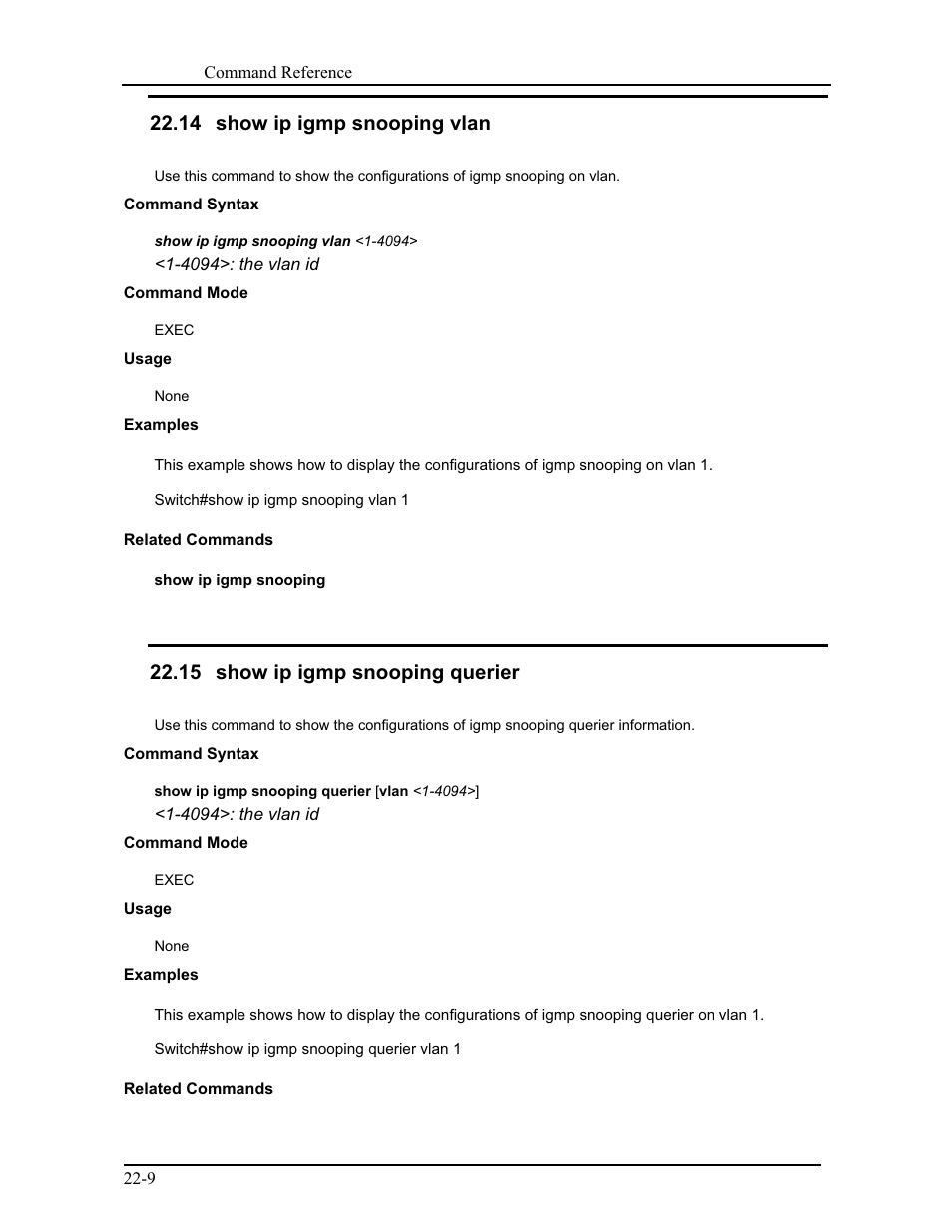 14 show ip igmp snooping vlan, 15 show ip igmp snooping querier | CANOGA PERKINS 9171 Command Reference User Manual | Page 389 / 782