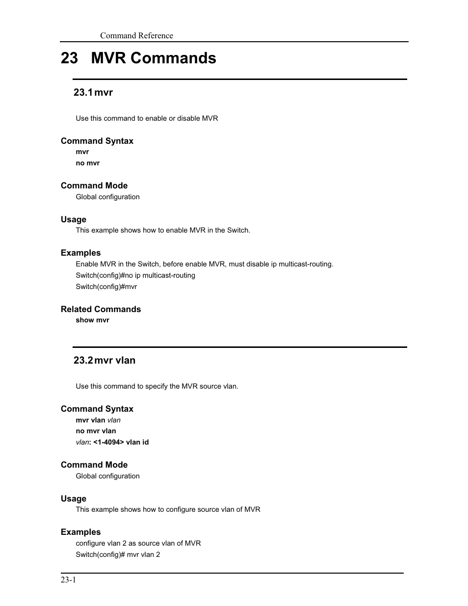 23 mvr commands, 1 mvr, 2 mvr vlan | CANOGA PERKINS 9171 Command Reference User Manual | Page 390 / 782