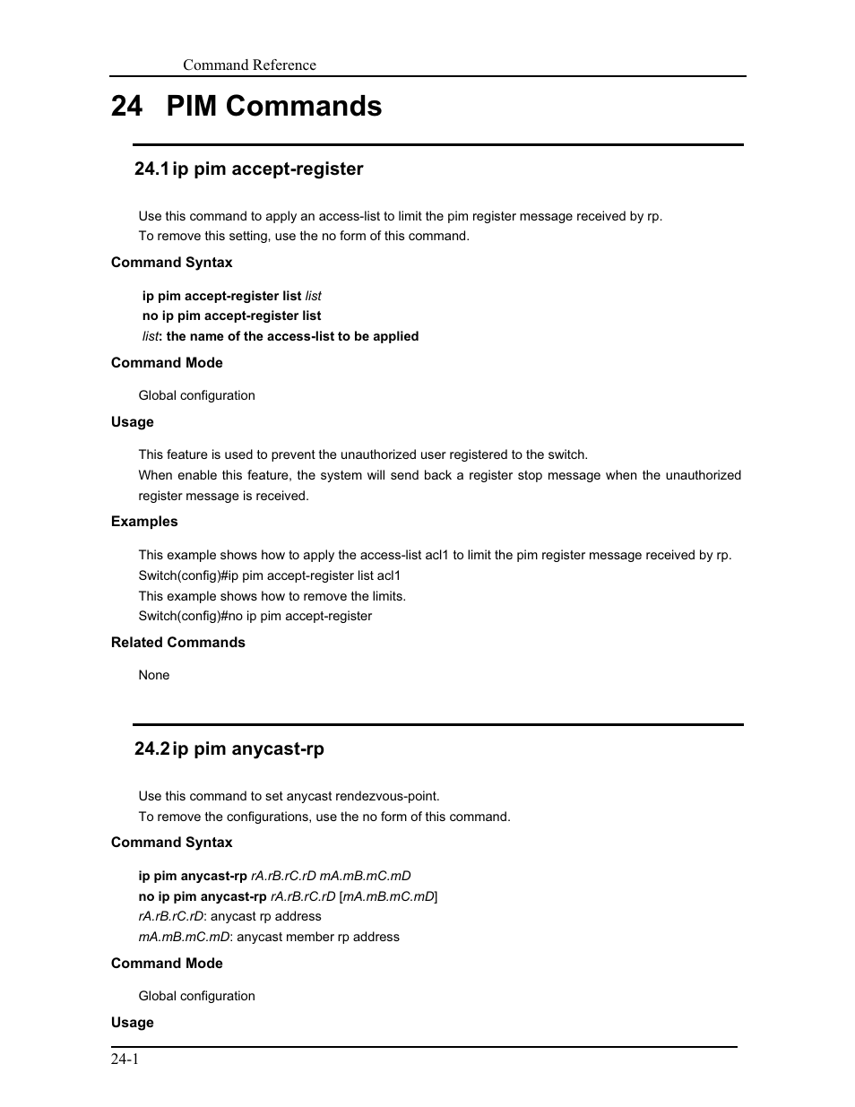 24 pim commands, 1 ip pim accept-register, 2 ip pim anycast-rp | CANOGA PERKINS 9171 Command Reference User Manual | Page 396 / 782