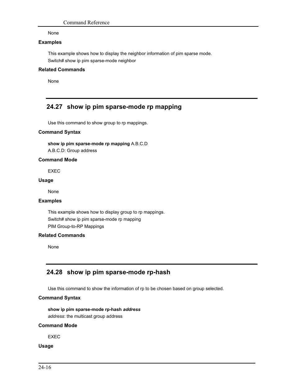 27 show ip pim sparse-mode rp mapping, 28 show ip pim sparse-mode rp-hash | CANOGA PERKINS 9171 Command Reference User Manual | Page 411 / 782
