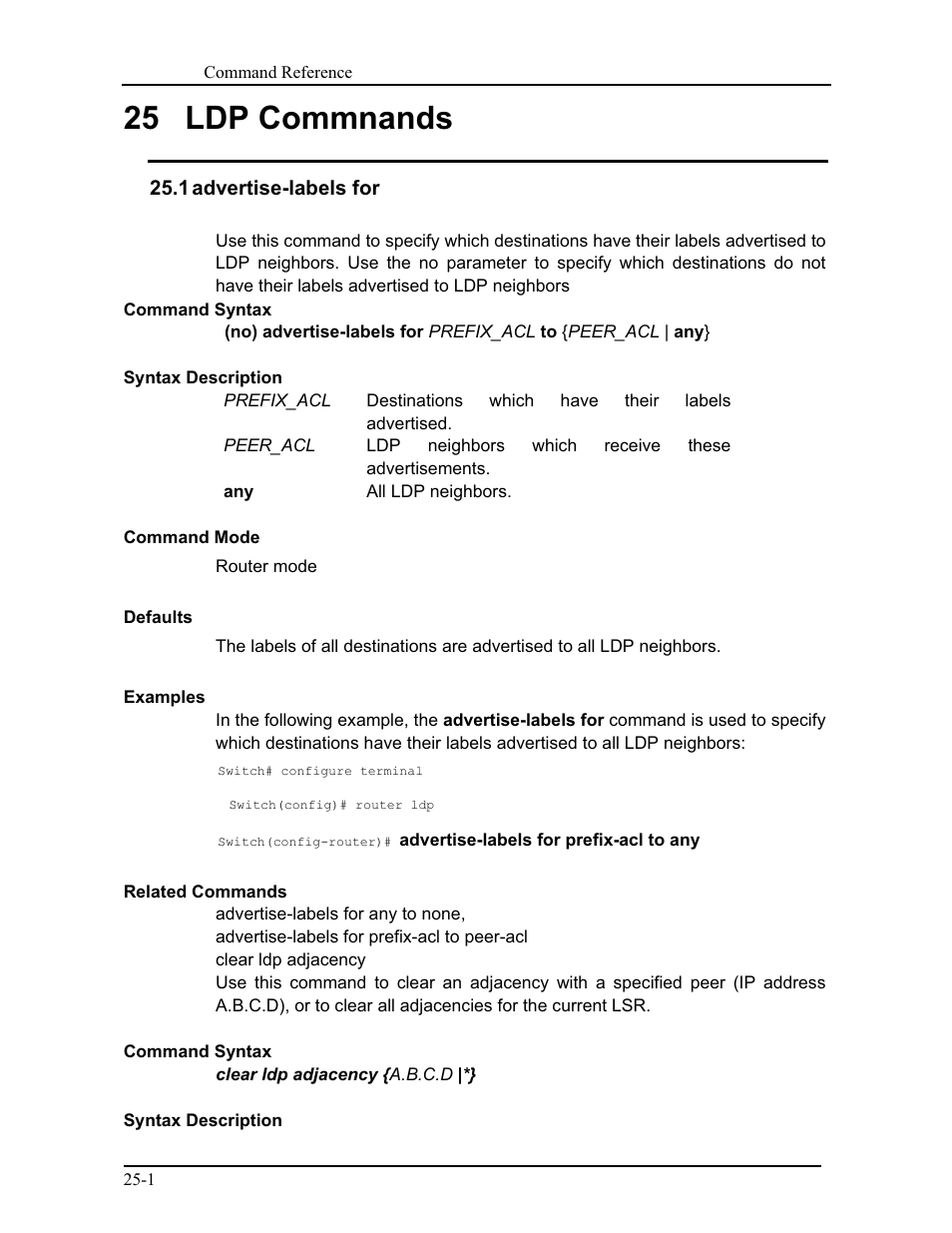 25 ldp commnands, 1 advertise-labels for | CANOGA PERKINS 9171 Command Reference User Manual | Page 413 / 782