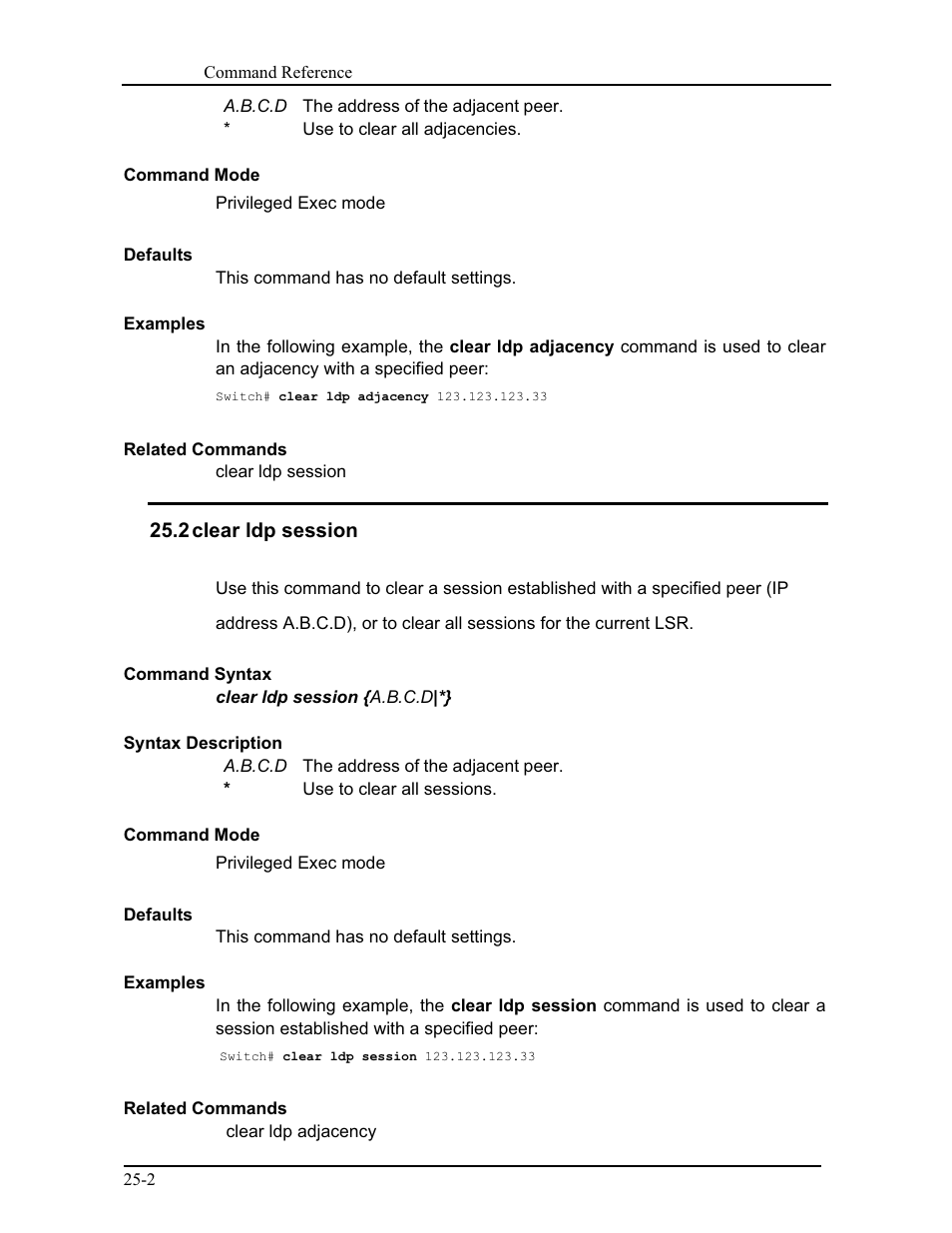 2 clear ldp session | CANOGA PERKINS 9171 Command Reference User Manual | Page 414 / 782