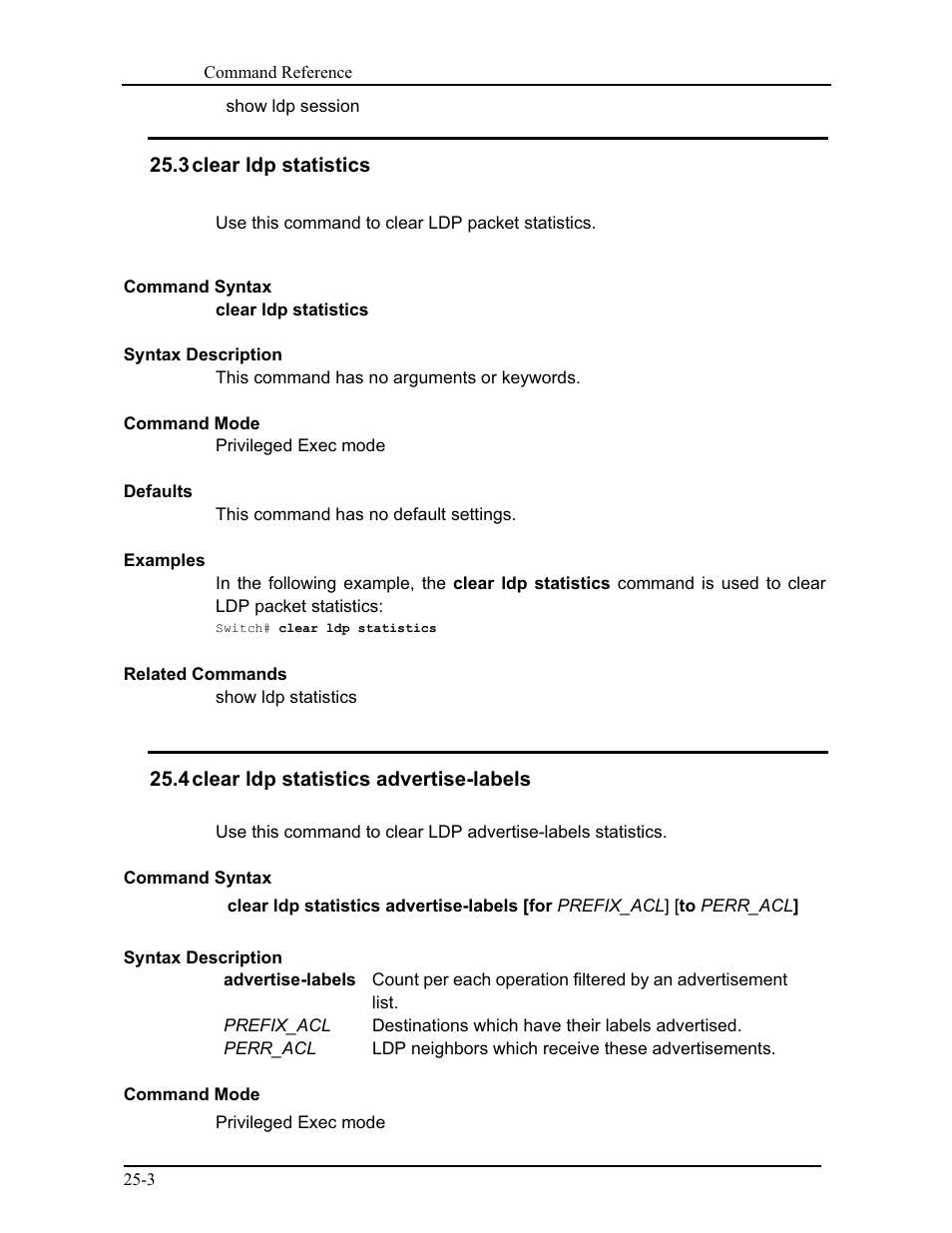 3 clear ldp statistics, 4 clear ldp statistics advertise-labels | CANOGA PERKINS 9171 Command Reference User Manual | Page 415 / 782