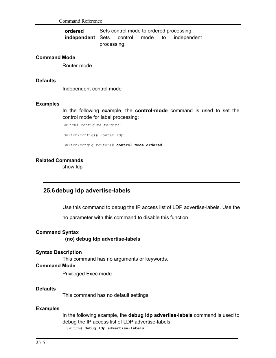6 debug ldp advertise-labels | CANOGA PERKINS 9171 Command Reference User Manual | Page 417 / 782