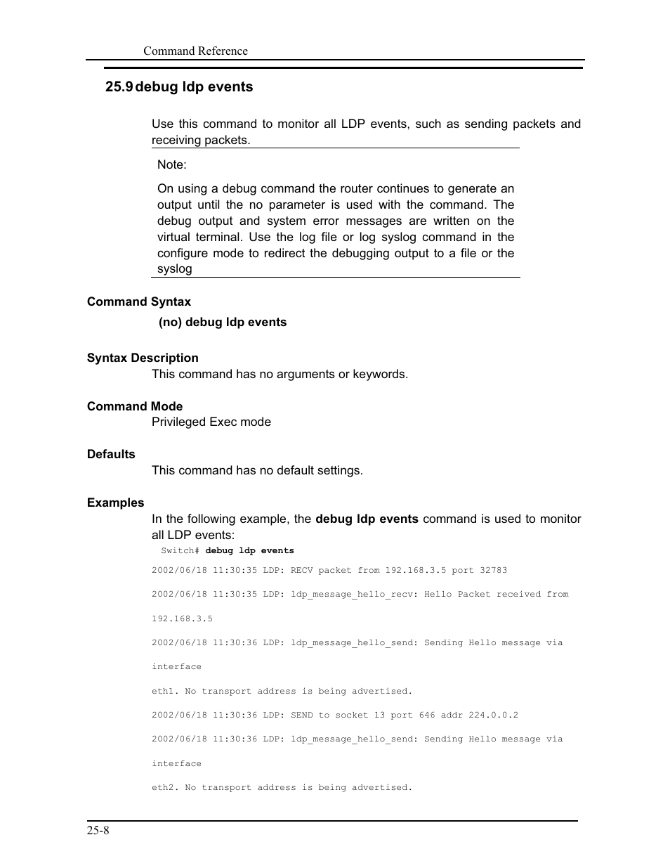 9 debug ldp events | CANOGA PERKINS 9171 Command Reference User Manual | Page 420 / 782