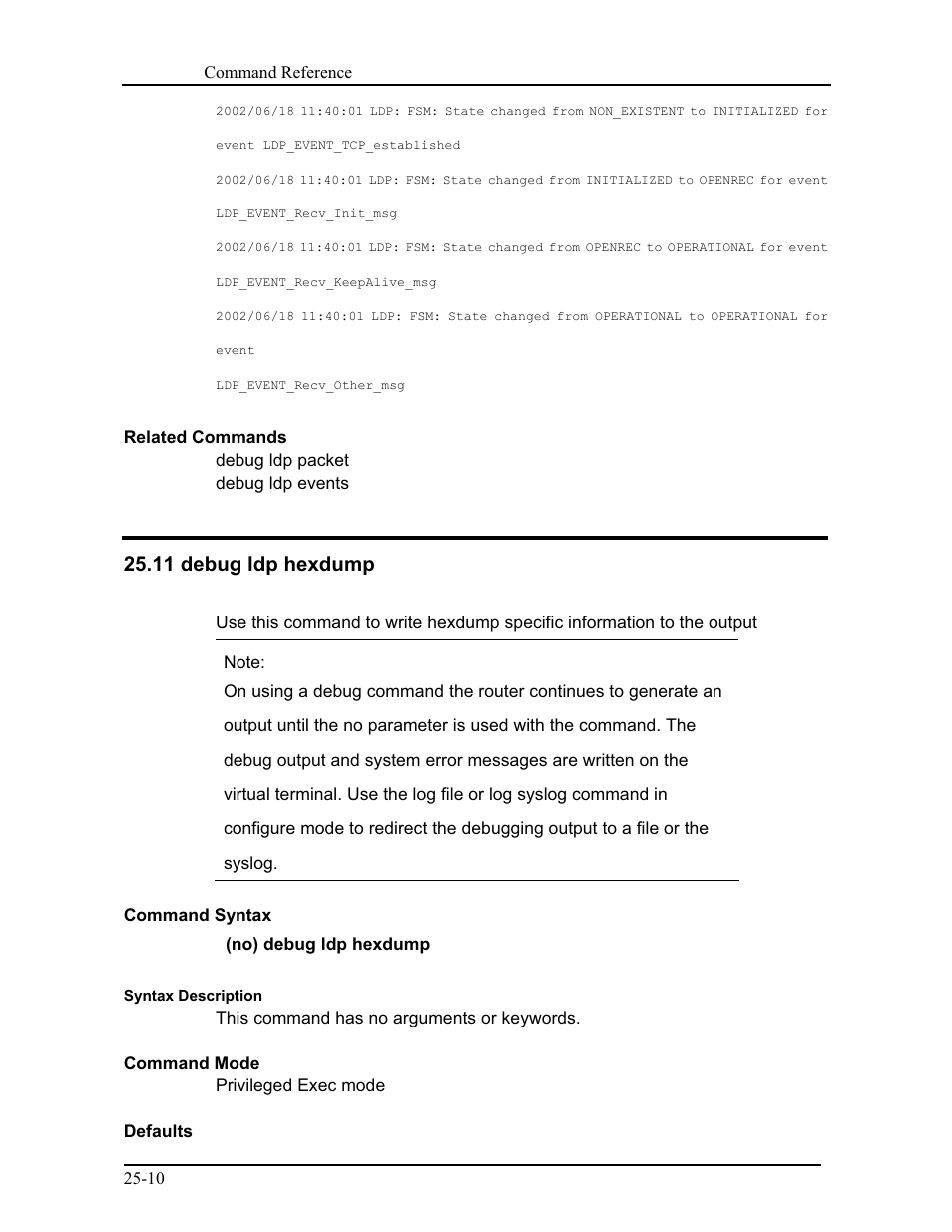 11 debug ldp hexdump | CANOGA PERKINS 9171 Command Reference User Manual | Page 422 / 782