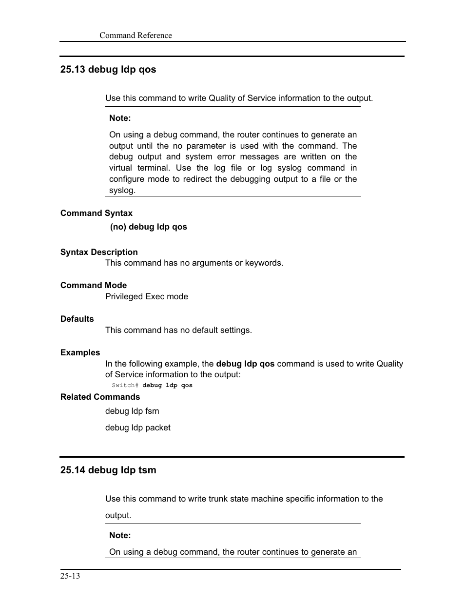13 debug ldp qos, 14 debug ldp tsm | CANOGA PERKINS 9171 Command Reference User Manual | Page 425 / 782