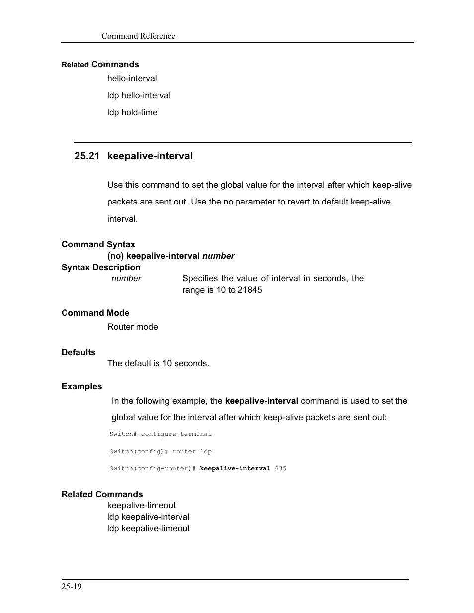 21 keepalive-interval | CANOGA PERKINS 9171 Command Reference User Manual | Page 431 / 782