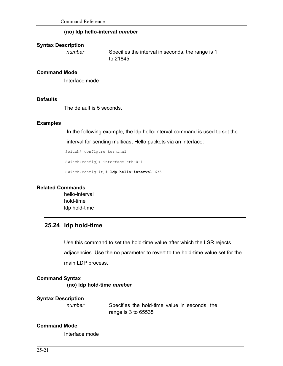 24 ldp hold-time | CANOGA PERKINS 9171 Command Reference User Manual | Page 433 / 782