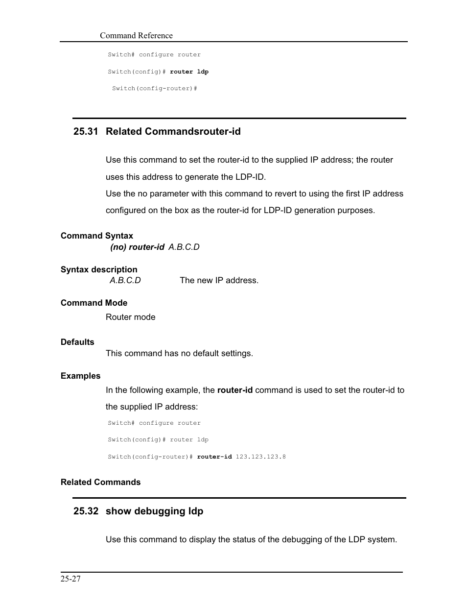 31 related commandsrouter-id, 32 show debugging ldp | CANOGA PERKINS 9171 Command Reference User Manual | Page 439 / 782