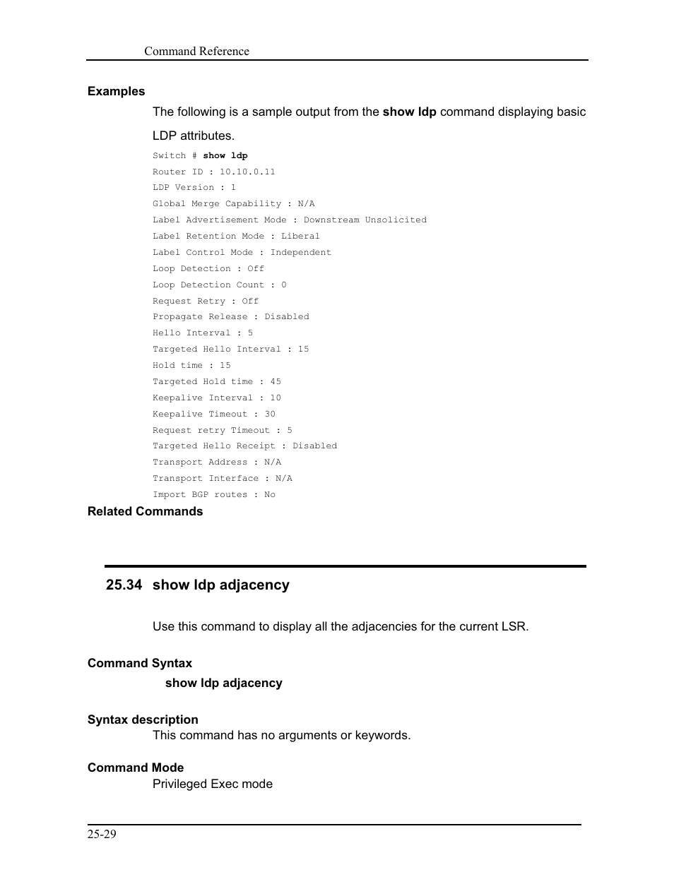 34 show ldp adjacency | CANOGA PERKINS 9171 Command Reference User Manual | Page 441 / 782
