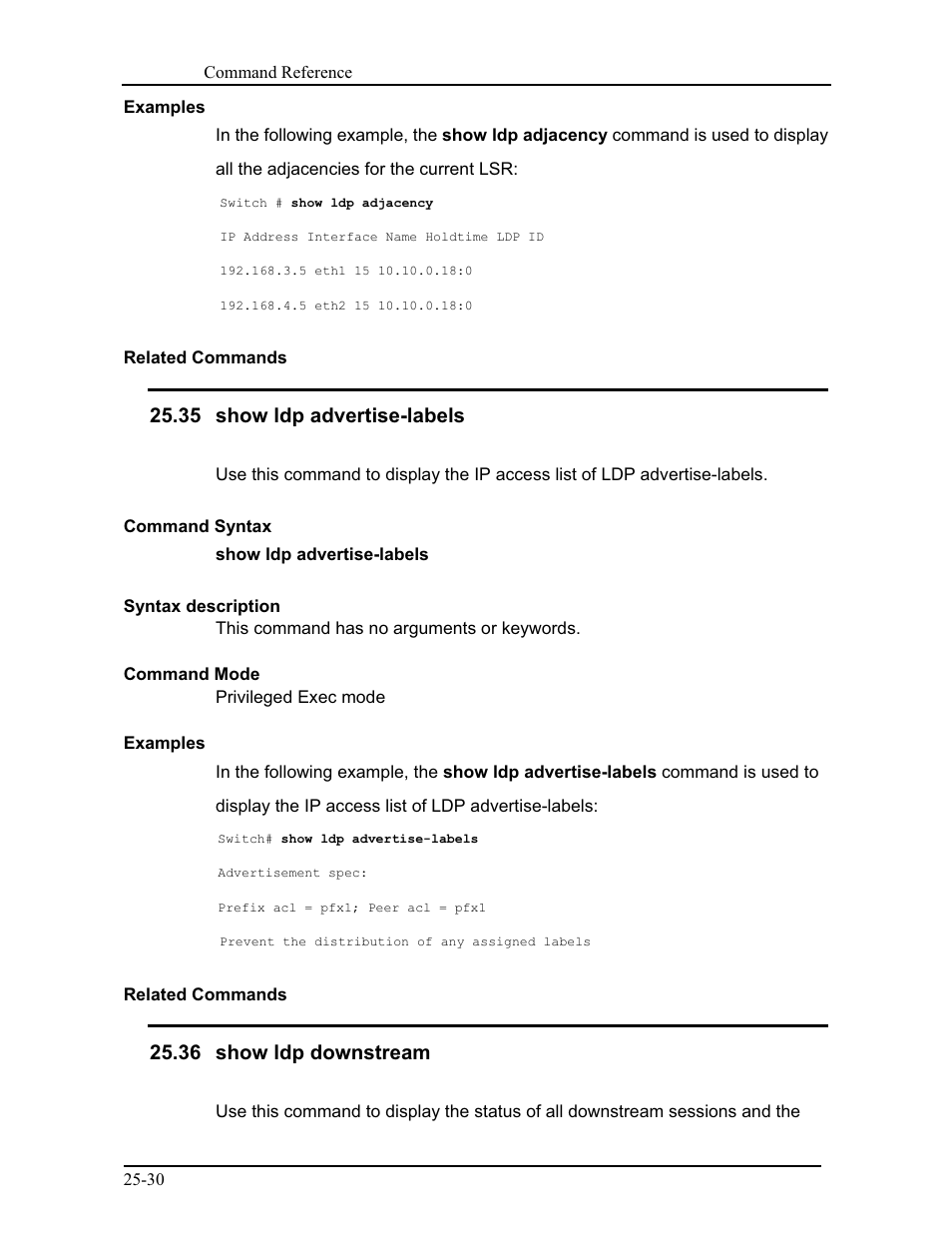 35 show ldp advertise-labels, 36 show ldp downstream | CANOGA PERKINS 9171 Command Reference User Manual | Page 442 / 782