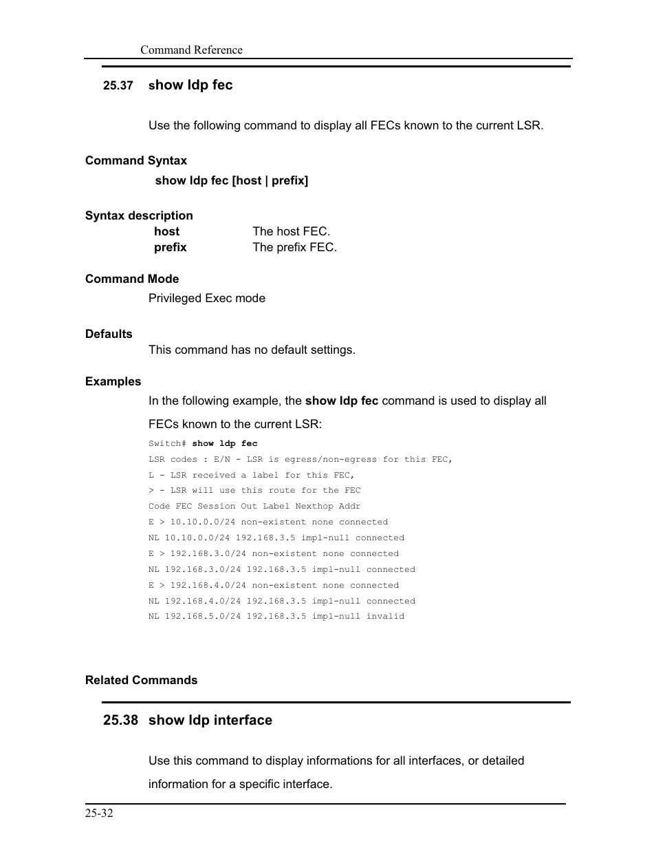 37 show ldp fec, 38 show ldp interface, How ldp fec | CANOGA PERKINS 9171 Command Reference User Manual | Page 444 / 782