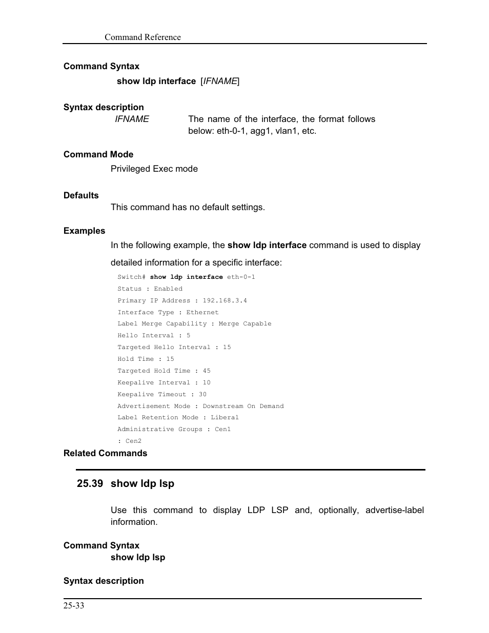39 show ldp lsp | CANOGA PERKINS 9171 Command Reference User Manual | Page 445 / 782