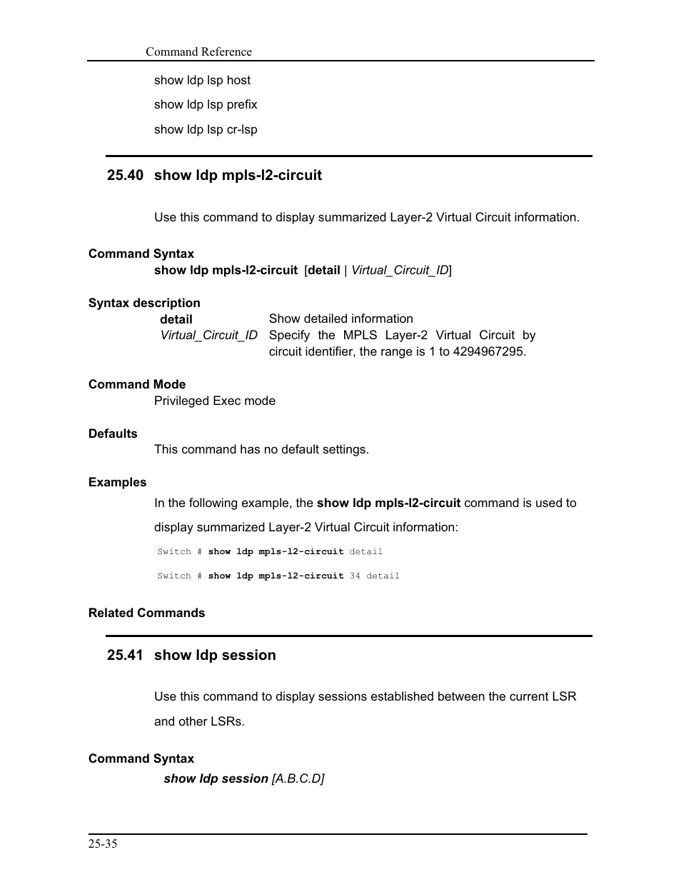 40 show ldp mpls-l2-circuit, 41 show ldp session | CANOGA PERKINS 9171 Command Reference User Manual | Page 447 / 782