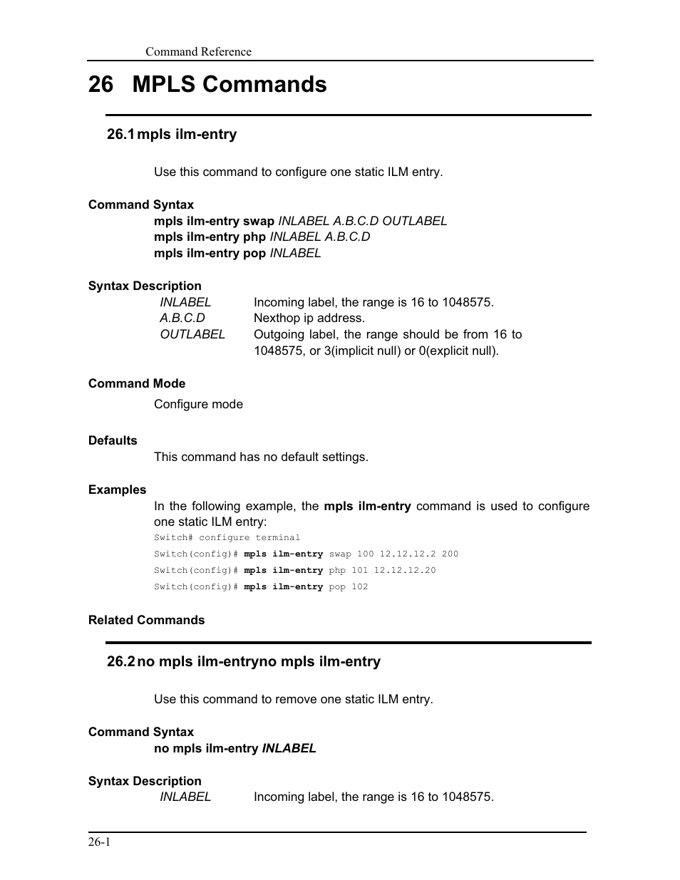 26 mpls commands, 1 mpls ilm-entry, 2 no mpls ilm-entryno mpls ilm-entry | CANOGA PERKINS 9171 Command Reference User Manual | Page 459 / 782
