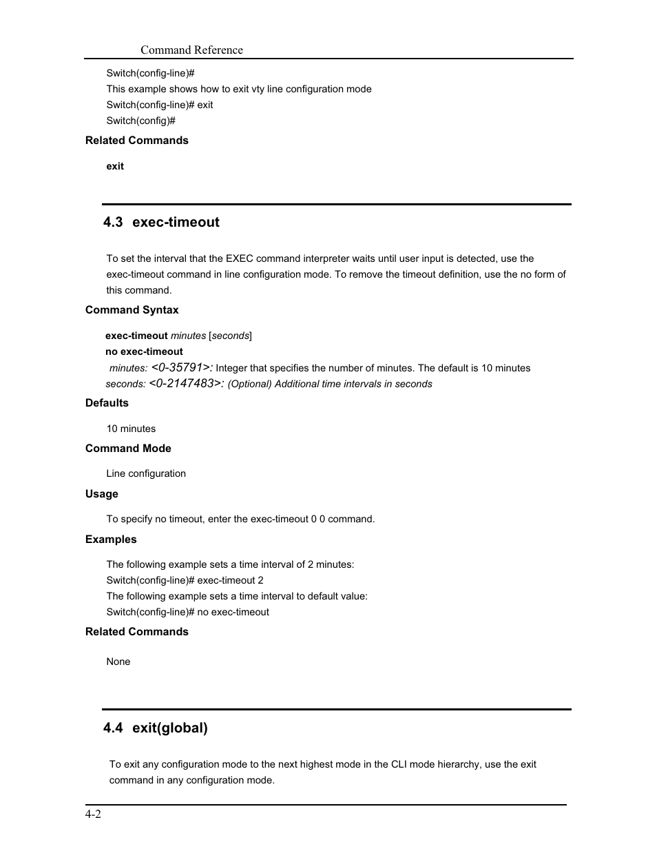 3 exec-timeout, 4 exit(global) | CANOGA PERKINS 9171 Command Reference User Manual | Page 46 / 782