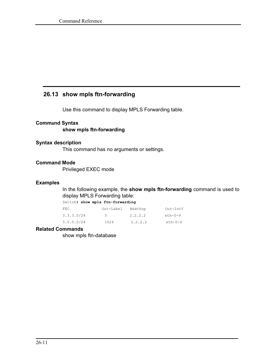 13 show mpls ftn-forwarding | CANOGA PERKINS 9171 Command Reference User Manual | Page 469 / 782