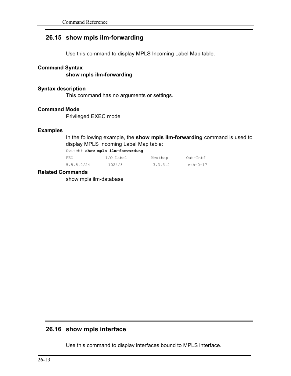15 show mpls ilm-forwarding, 16 show mpls interface | CANOGA PERKINS 9171 Command Reference User Manual | Page 471 / 782