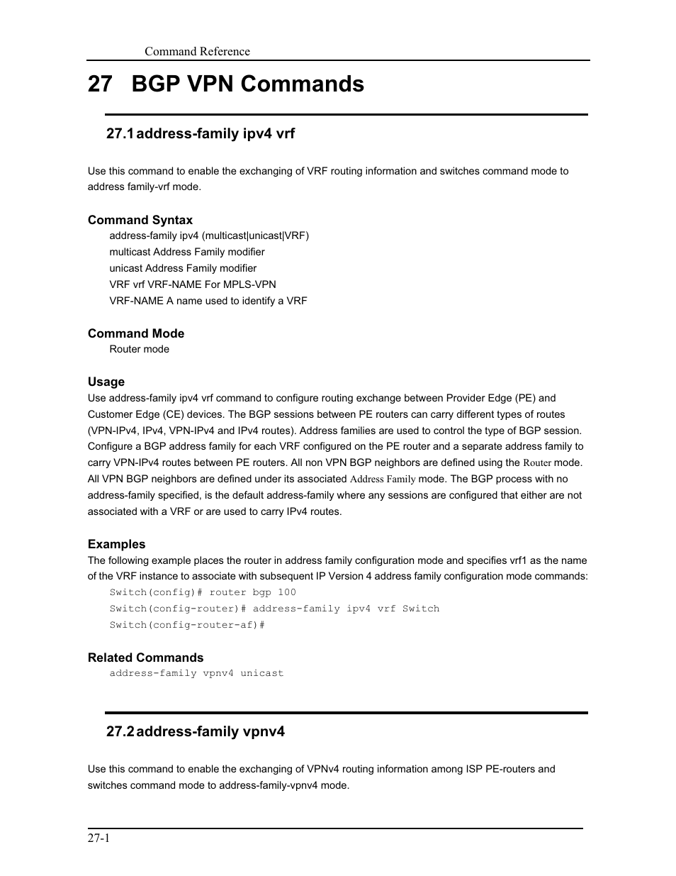 27 bgp vpn commands, 1 address-family ipv4 vrf, 2 address-family vpnv4 | CANOGA PERKINS 9171 Command Reference User Manual | Page 477 / 782