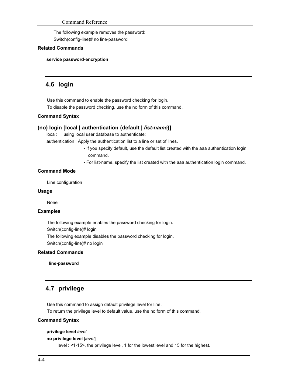 6 login, 7 privilege | CANOGA PERKINS 9171 Command Reference User Manual | Page 48 / 782