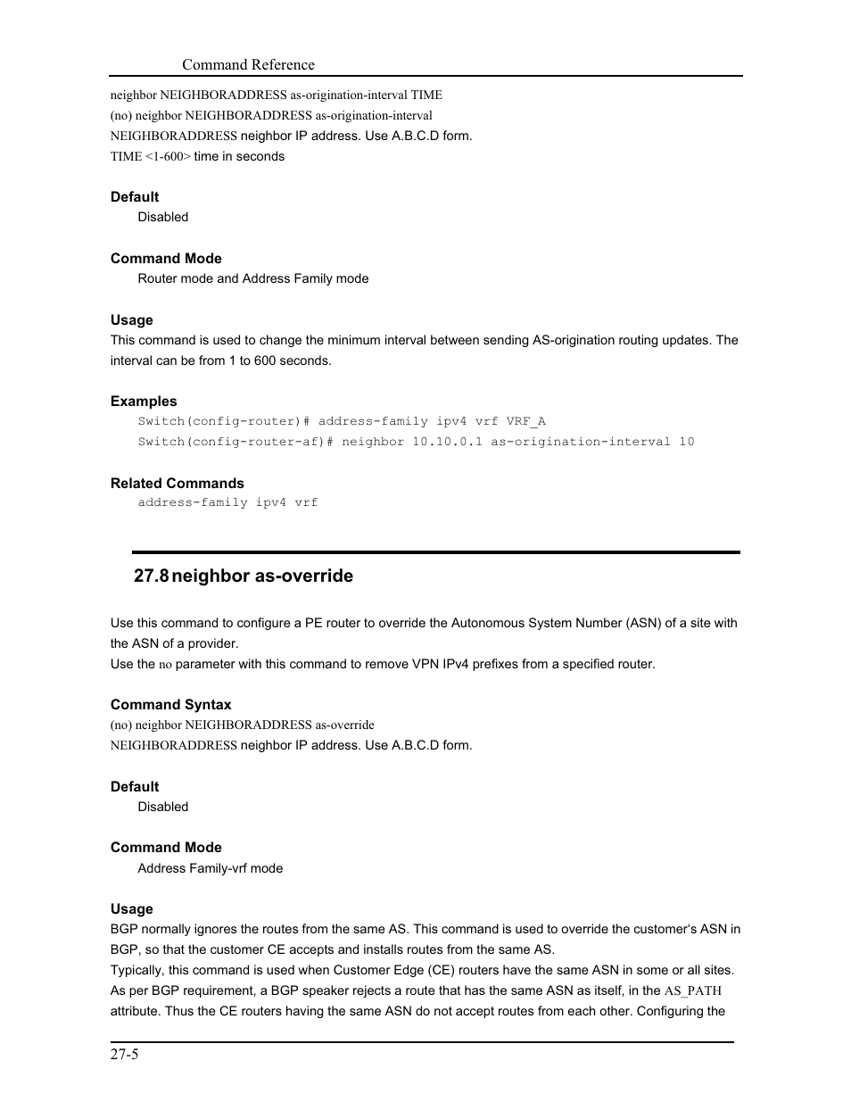8 neighbor as-override | CANOGA PERKINS 9171 Command Reference User Manual | Page 481 / 782